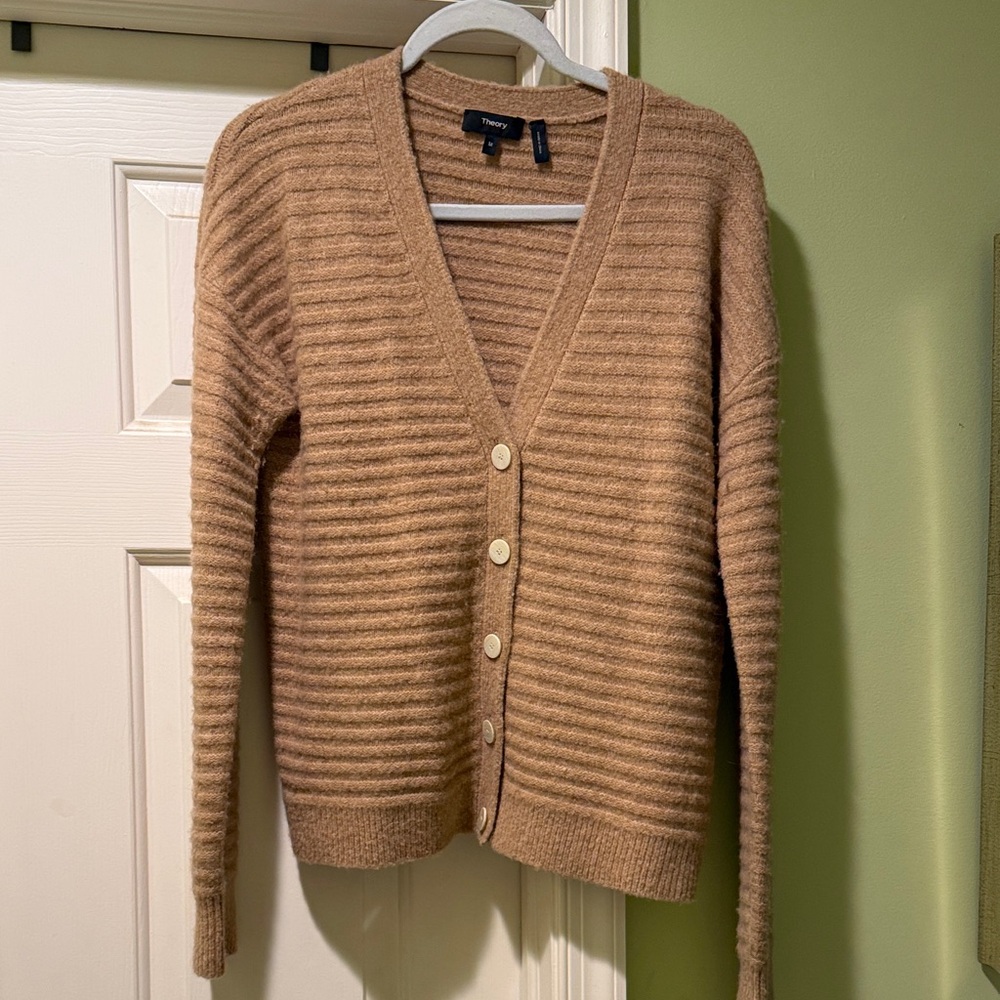 Theory Camel Ribbed V-Neck Button Front Cardigan